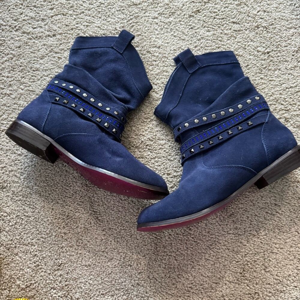 Twiggy London Blue Suede Leather Ankle Booties Women’s Size 7 Studded Straps
